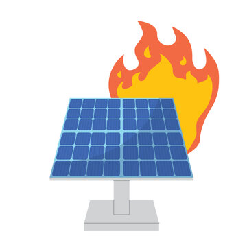burning solar panels, panels on fire with flames, renewable energy safety hazard - vector illustration