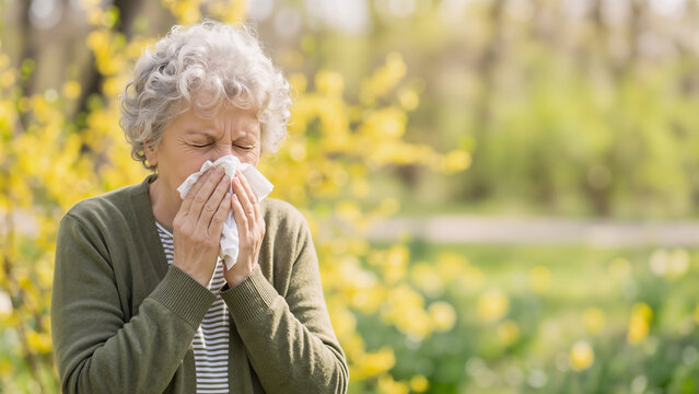 Caucasian senior woman allergy sufferer sneezing into tissue in spring park with yellow flowers. Seasonal allergies and healthcare banner with copy space