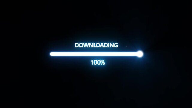 Neon glowing downloading progress bar animation with percentage counter for digital interface and tech ui
