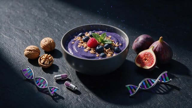 Flat lay top view, dark rock texture table with acai bowl, walnuts, fresh figs and silver supplement pills. Subtle floating charged particles representing energy, miniature DNA helix decor. Dark aesth