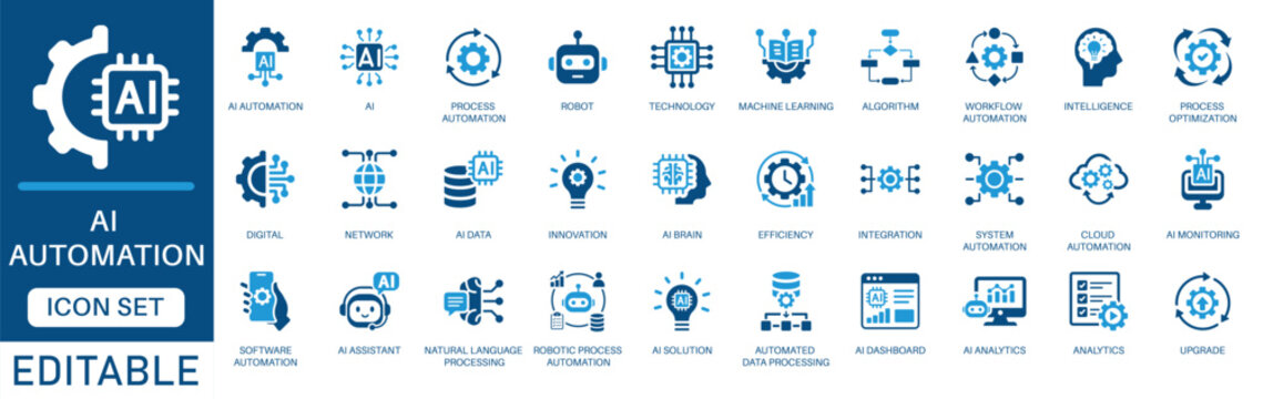 AI automation icon set. featuring artificial intelligence, machine learning, robotic process automation, ai assistant, algorithm, data Processing, Analytics and more vector icons.