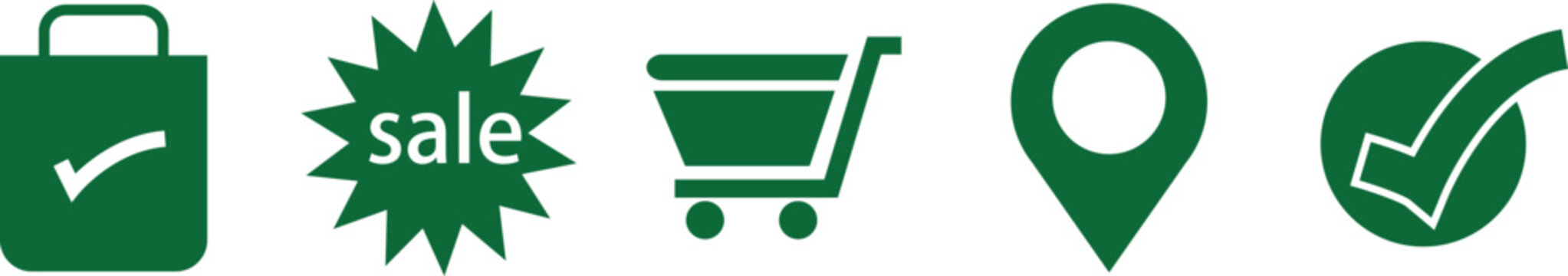 Flat shopping sale icons with green checkmarks