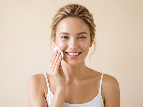 Young woman cleaning face with cotton pad. Female model doing daily skincare routine.