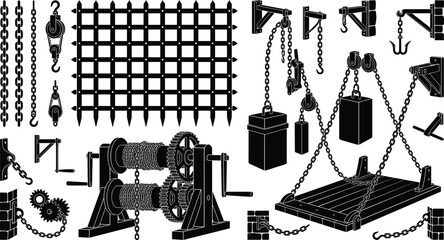 Obraz premium Black and white vector collection of medieval castle portcullises, mechanical winches, pulleys, and counterweight lifting systems