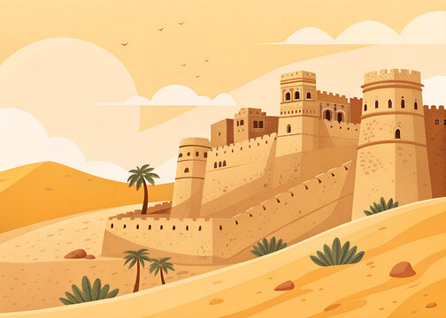 Jaisalmer Fort, golden sandstone fortress rising from desert landscape, modern minimal flat vector illustration, geometric walls and towers, 