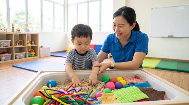 East Asian occupational therapist child sensory therapy activity colorful bright therapy room engaged