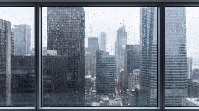 Large High Rise Corporate Office Window Frame Wet Glass Rain Streaks Droplets Overlooking Foggy City Skyscrapers Financial District Urban Skyline Overcast Stormy Weather Real Estate