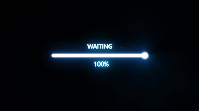Glowing digital loading bar animation with waiting text and percentage counter progress interface