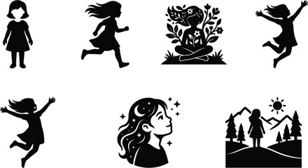  Flat girl silhouette icons set featuring children playing running jumping and meditating for preschool education website UI