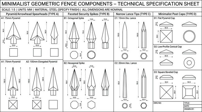 Minimalist geometric fence components technical specification sheet blueprint