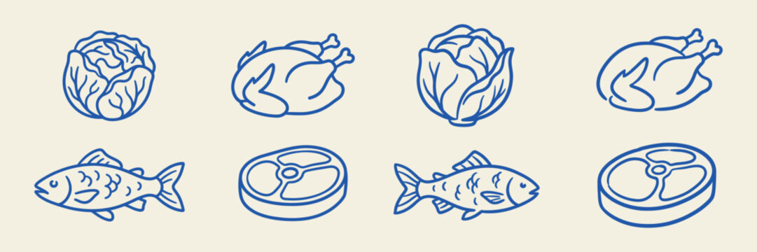 Hand drawn fresh food grocery doodle set. Sketch roasted chicken, meat steak, fish and cabbage outline vector illustration.