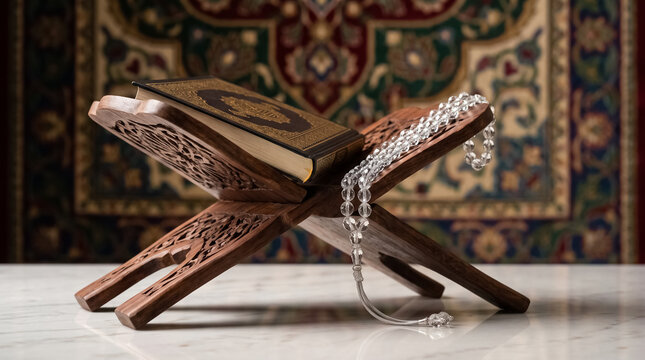 Holy Quran and Prayer Beads on Wooden Stand. Symbolic Mawlid al-Nabi Still Life