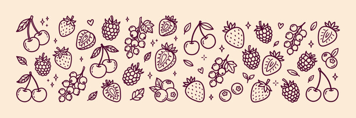 Hand drawn fresh forest berries doodle set. Sketch organic strawberry, cherry, raspberry and blueberry outline vector illustration. © FreelancerHasin