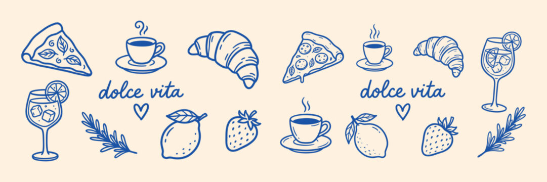 Hand drawn dolce vita cafe menu doodle set. Sketch italian pizza, coffee, croissant, cocktail and lemon outline vector illustration.