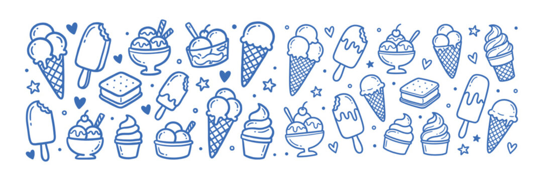 Hand drawn ice cream and summer dessert doodle set. Sketch sweet popsicle, waffle cone and sundae bowl outline vector illustration.