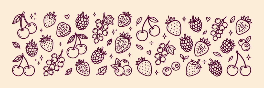 Hand drawn fresh forest berries doodle set. Sketch organic strawberry, cherry, raspberry and blueberry outline vector illustration.