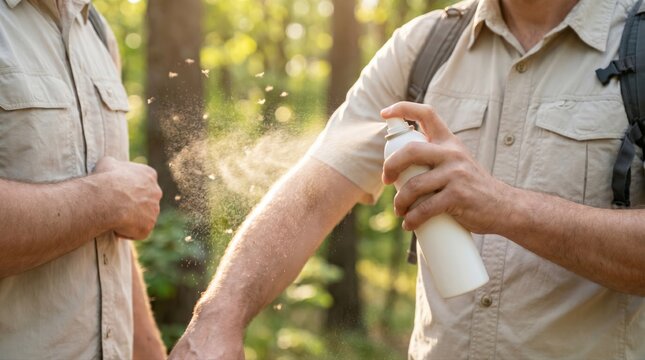An individual applies insect repellent spray to a friend's arm, providing essential protection against flying insects during a sunny outdoor adventure.