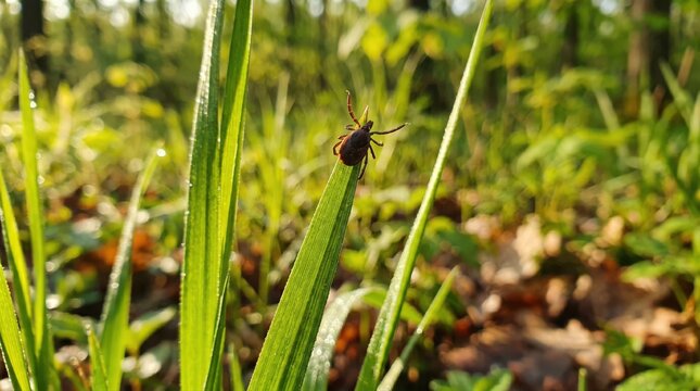 A dangerous parasitic tick clings to a dewy green grass blade, symbolizing health risks in natural outdoor settings.