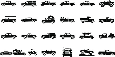 Flat pickup truck silhouette icons set featuring commercial vehicles utility trucks and offroad transport for automotive website UI © MSTSULTNA