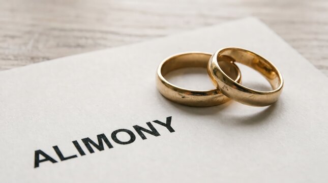 Two gold wedding bands resting upon a document labeled with the word alimony legal concept with alimony printed black wedding rings placed placed side side