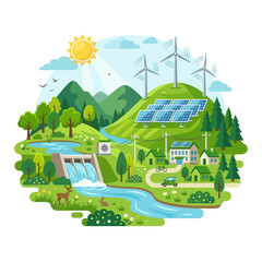 Fototapeta premium Renewable energy landscape illustration. Sustainable green power with solar and wind farm.