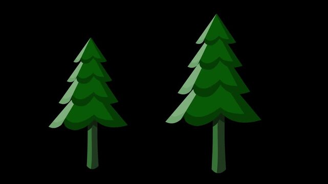 Cartoon style animation of two pine trees against a black background, art, drawing, 2D.