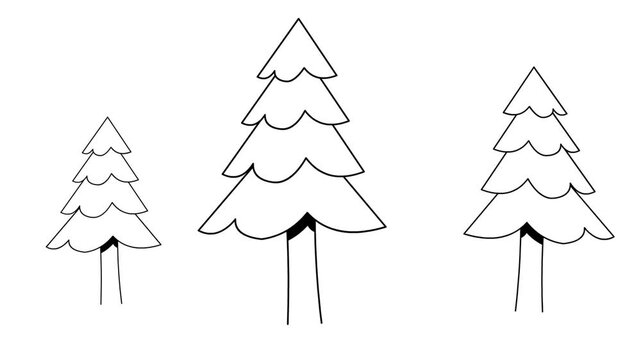 Cartoon style animation of three pine trees in black and white, background, art, drawing, 2D.