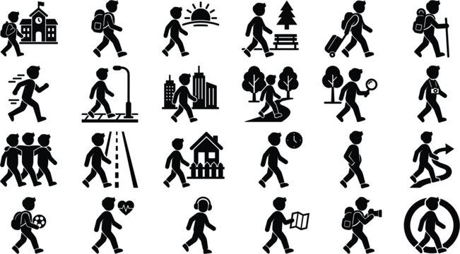  Flat pedestrian silhouette icons set with walking figures school children commuters and tourists for city map navigation applications
