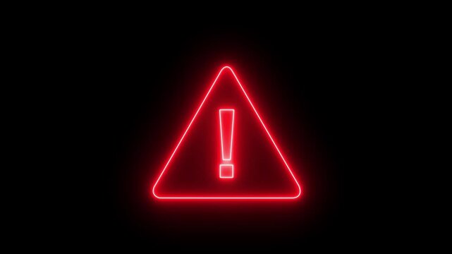 warning triangle sign. Animation of glowing neon warning attention icon. signal, alert, risk, safety, danger road warning sign isolated on black background. 4k video