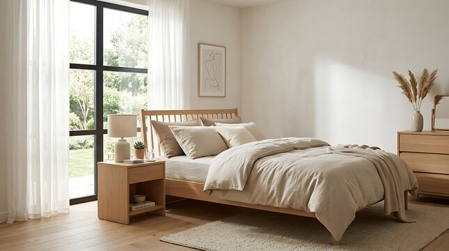 modern bedroom with wooden furniture and natural light