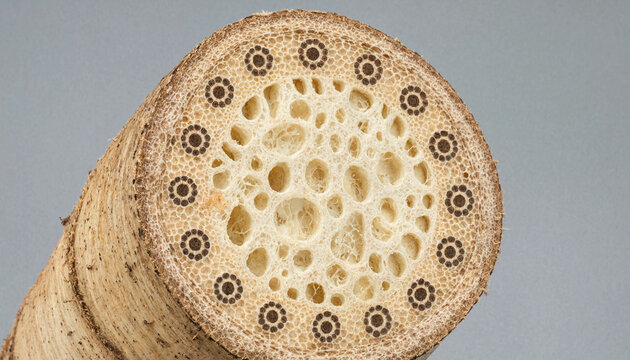Cross section of a plant stem showing vascular bundles and porous internal structure for botanical and biological scientific study