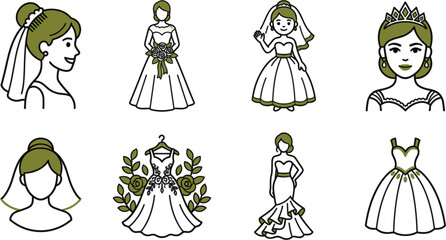  Bride and wedding dress icon set vector illustration featuring bridal gowns veils tiara portraits and marriage ceremony avatars © MSTSULTNA