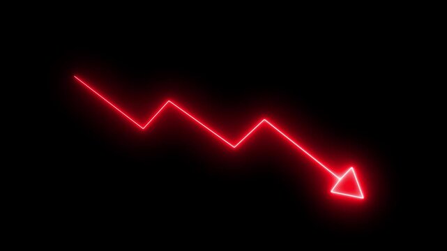 Minimalist glowing red neon zigzag line with upward business arrow concept. Animation of representing down trend motion graphic icon performance. Neon down graph animation. 4k video