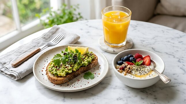 Delicious healthy breakfast on white marble table by window