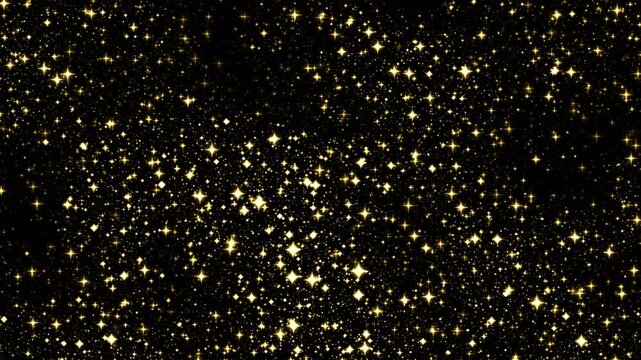 Cascading golden particles air and falling luxury glitter dust twinkling on black background, raining magic gold stardust shimmering galaxy bokeh for award ceremony event reveal 4k