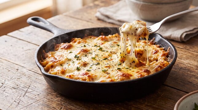 Freshly baked cheesy pasta casserole served inside a cast iron skillet on rustic wooden surface with skillet fork lifting lifting portion long