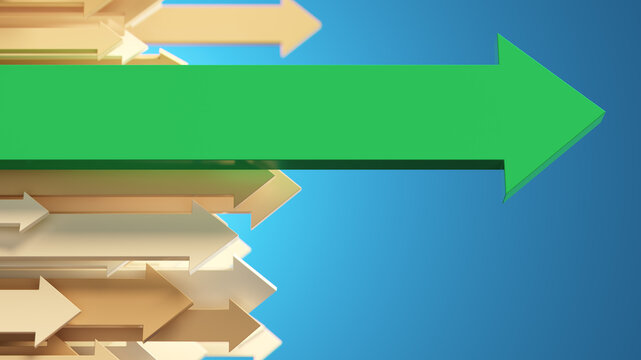 Green Arrow Leading Forward Over Gold Arrows Symbolizing Leadership, Progress, Strategy And Competitive Advantage