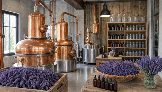 Copper distillation equipment and shelves of glass bottles in a distillery workshop with baskets of dried purple lavender flowers for oil