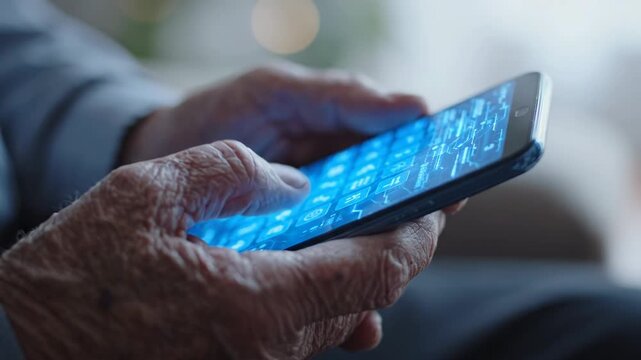 Closeup of an elderly persons hands holding and using a smartphone with a glowing digital interface screen