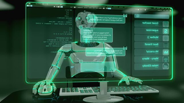 Futuristic artificial intelligence assistant operating a HUD computer terminal. Cybernetic robot interacting with automated messaging interface, data analytics and cloud telemetry systems.