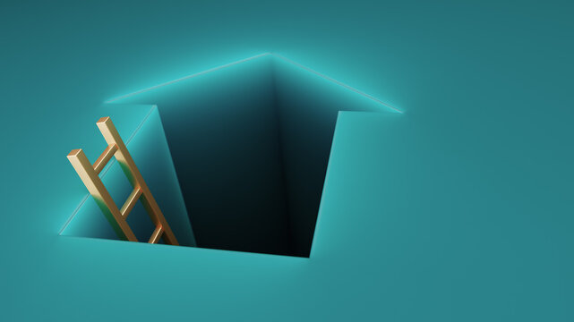 Business Opportunity Concept With Ladder Leading Into Upward Arrow Hole Symbolizing Growth and Escape