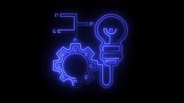 Glowing neon setting and Light bulb with rotating gears outside animated icon on black background rotates setting icon with an electric light bulb.4k video graphic animation.