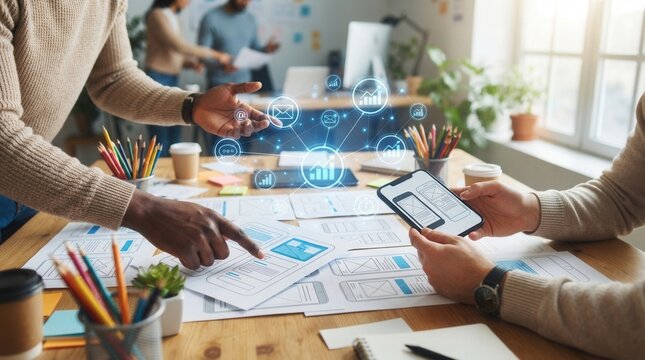 Collaborative marketing strategy session with diverse teams brainstorming innovative ideas for business growth in a vibrant workspace.