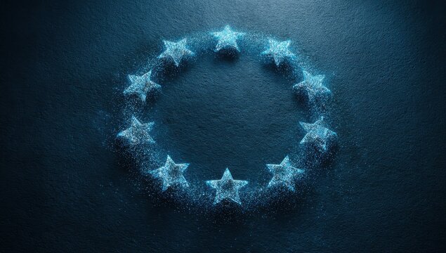 Abstract glowing stars forming a circle shape against a dark textured background with abstract particle background geometric astronomy brilliance constellation composition textured