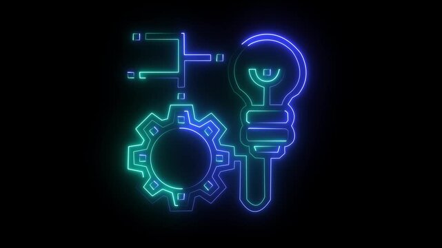 Glowing neon setting and Light bulb with rotating gears outside animated icon on black background rotates setting icon with an electric light bulb.4k video graphic animation.