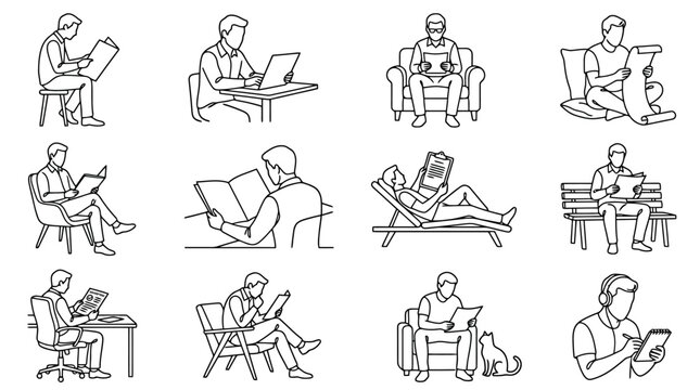 People Reading Collection: Diverse Poses of Men Engaged in Books, Newspapers, and Laptops
