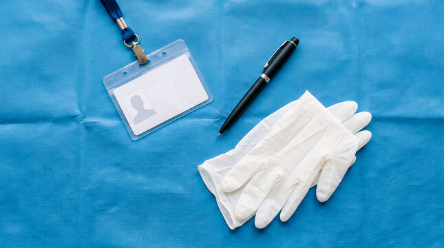 Medical professional ID badge, pen, and disposable gloves on blue surgical cloth