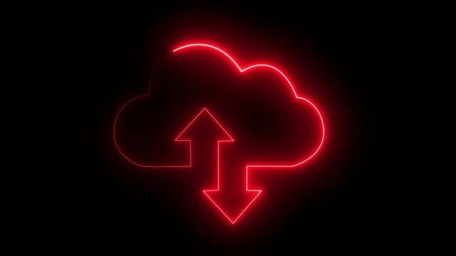 Neon glowing digital cloud icon, data transfer animation. cloud storage with arrows icon animation on the black, background. Cloud space and technology, data backup