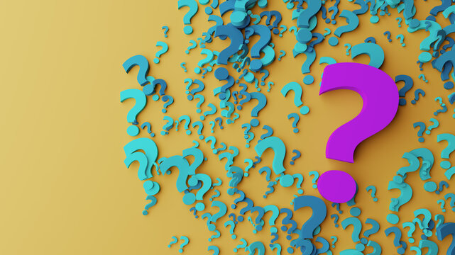 Large Purple Question Mark Among Many Blue Question Marks on Yellow Background Representing Uncertainty