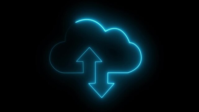 Neon glowing digital cloud icon, data transfer animation. cloud storage with arrows icon animation on the black, background. Cloud space and technology, data backup